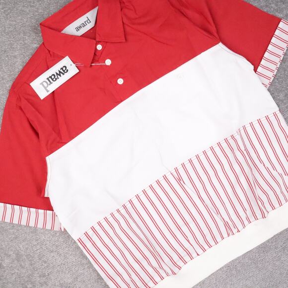 VTG 80s 90s Award Deadstock Medium Red White Striped Short Sleeve Collared Shirt - Picture 9 of 10
